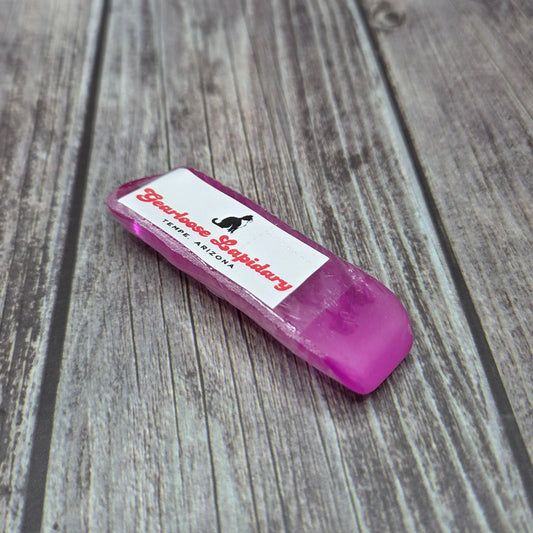 Pink corundum Boule Tool™ with Gearloose Lapidary label